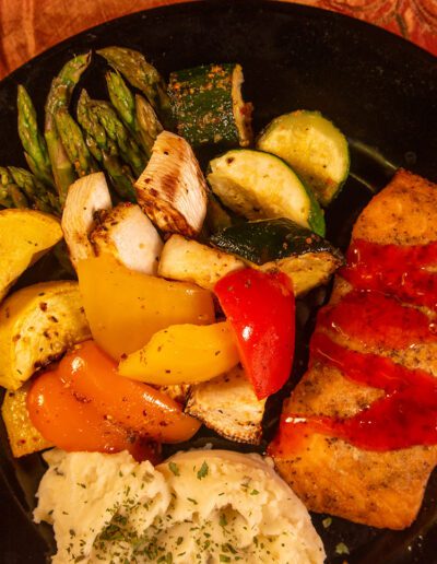 Glazed Salmon/ Roasted Vegetables and Mashed Potatoes